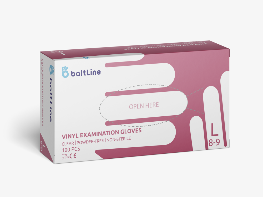 BaltLine виниловые перчатки L размер, 100 шт., без пудры
