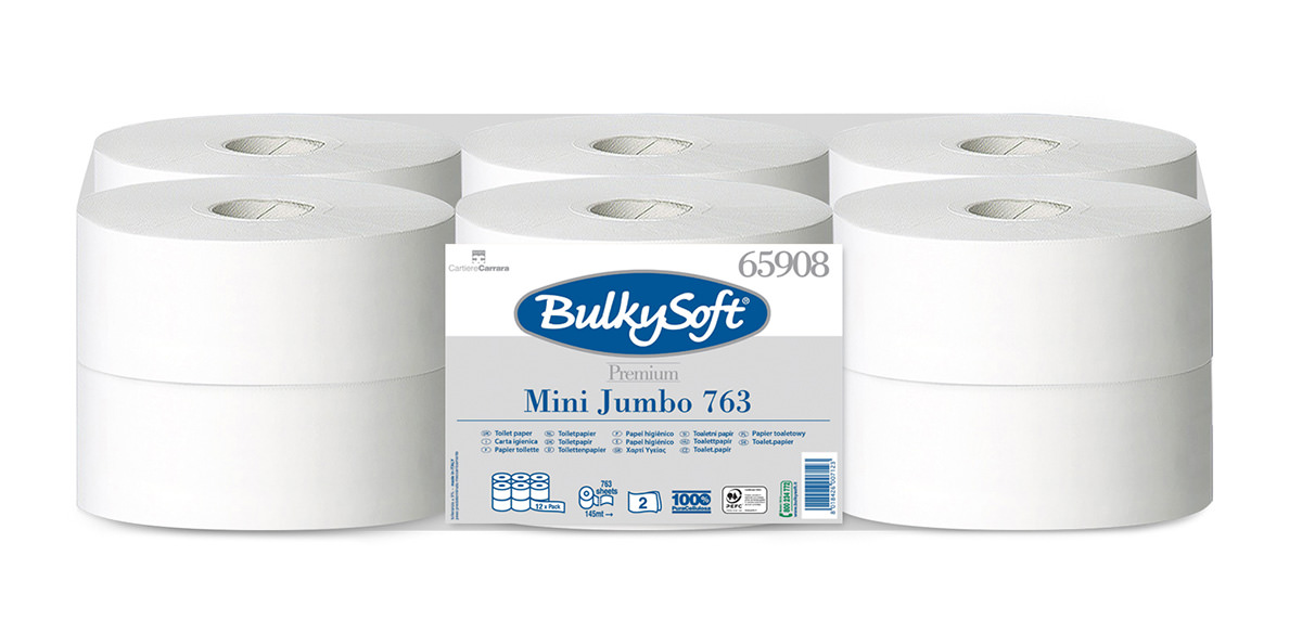 Bulkysoft  Premium Mini Jumbo tualetes papīrs 145m, 2-slāņu, balts, 763 loksnes