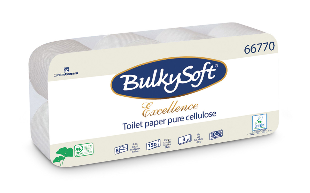 Bulkysoft tualetes papīrs 3 kārtas,150 loksnes, 15,75m, 8 ruļļi, balts 