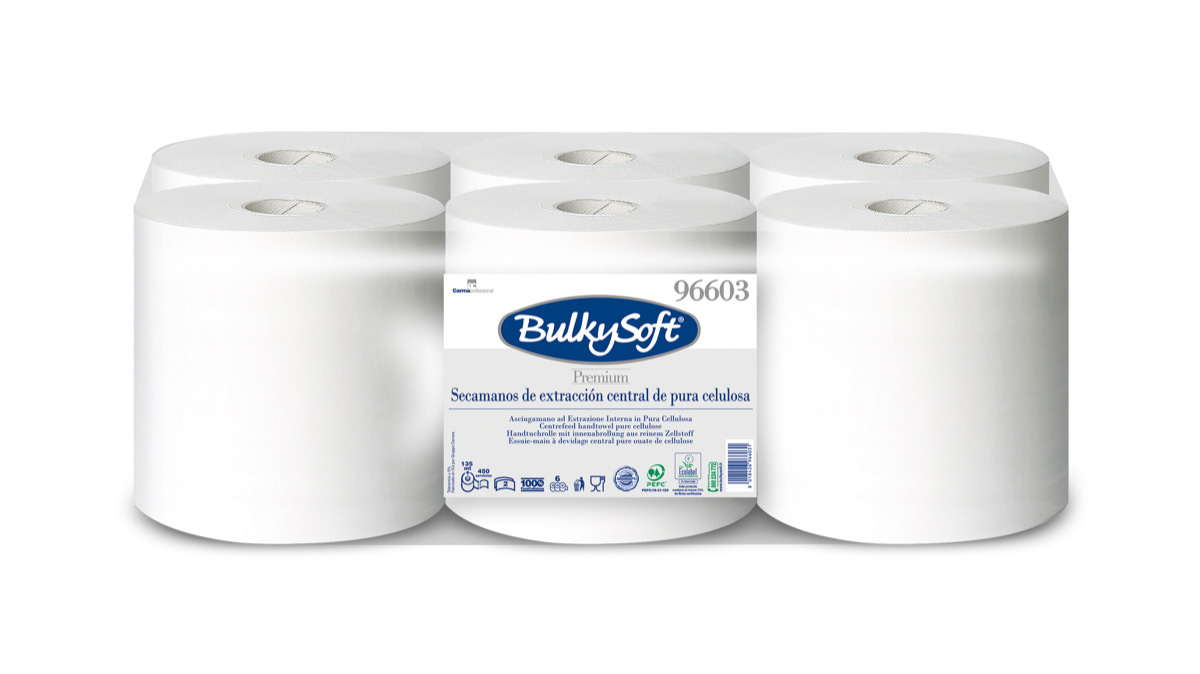 Bulkysoft Premium papīra rullis slaucīšanai 135m 2 kārtas, perforēts, centrefeed, balts