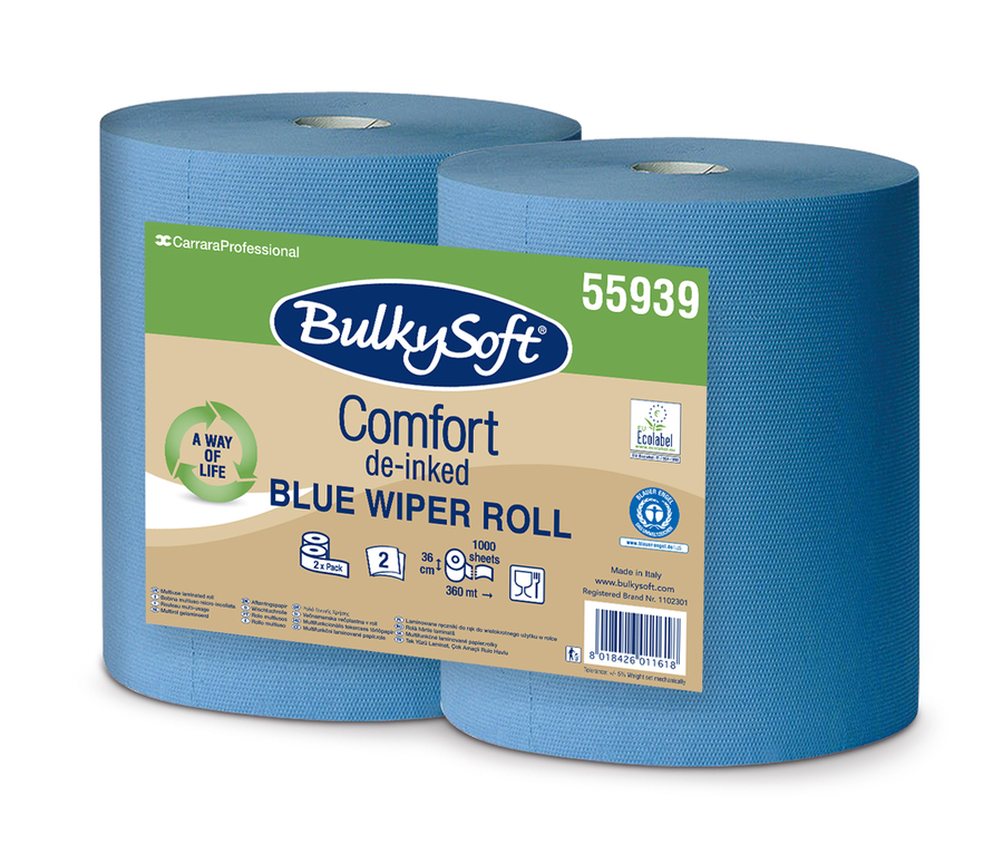 Bulkysoft Comfort Industriālais papīrs 2-kārtas, 36cm x 360m, zils, 1000 loksnes